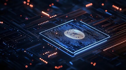 Obraz premium Glowing microchip with fingerprint symbol on dark circuit board background with bokeh lights, representing digital security and biometric authentication technology.