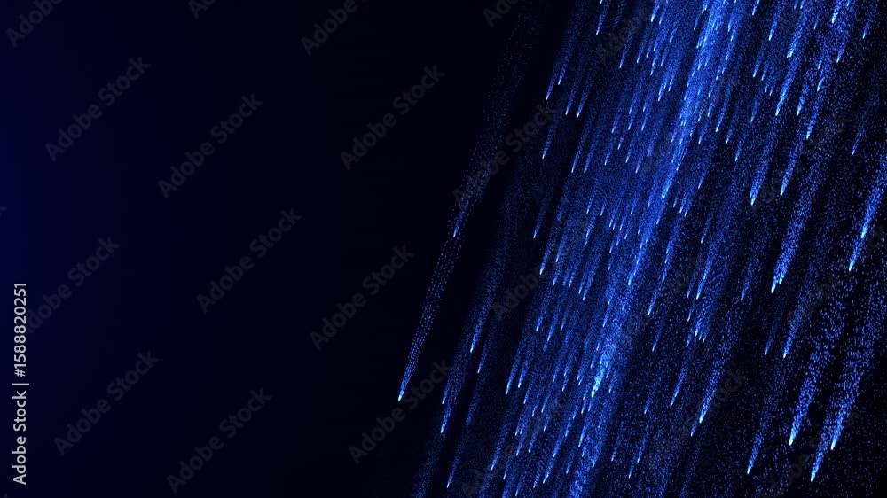 Poster blue glowing particle trails cascade diagonally over a dark background, creating a futuristic, dynam