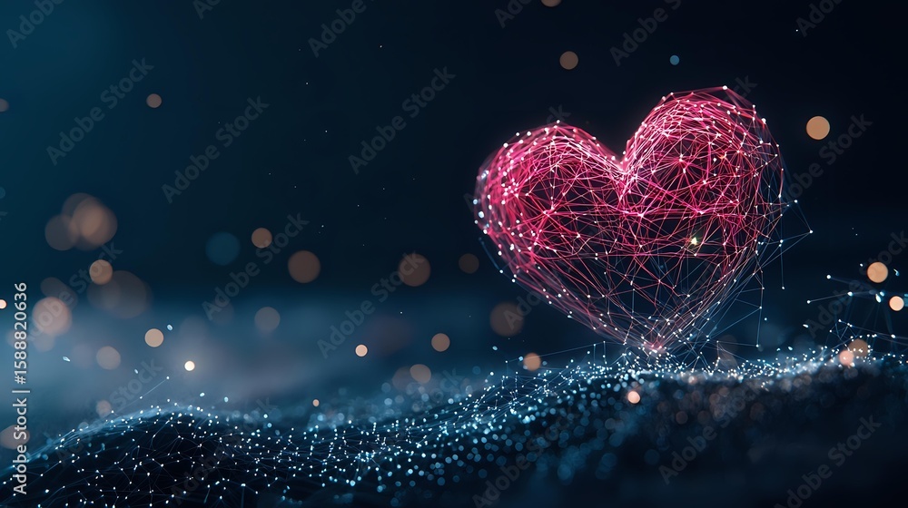 Poster glowing pink heart shape formed by connected light particles and lines against dark background with 