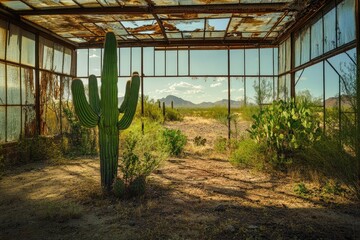 A saguaro cactus stands in a derelict greenhouse, overlooking a desert landscape under a clear sky.