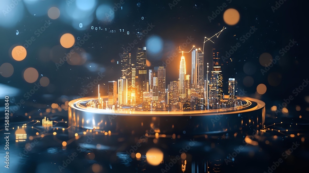 Aufkleber glowing futuristic cityscape on circular platform with illuminated skyscrapers against dark backgrou
