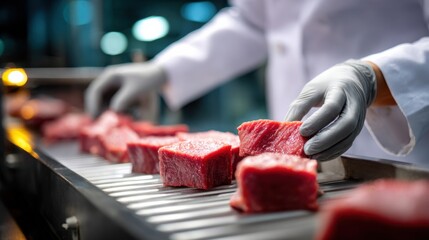 A butcher is holding a piece of meat on a conveyor belt