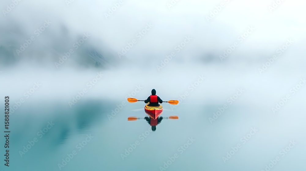 Aufkleber lone kayaker in red jacket paddling on misty lake with mirror reflection, creating minimalist compos