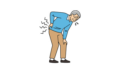 Elderly man experiencing sharp pain in his lower back and hip area holding his back in discomfort