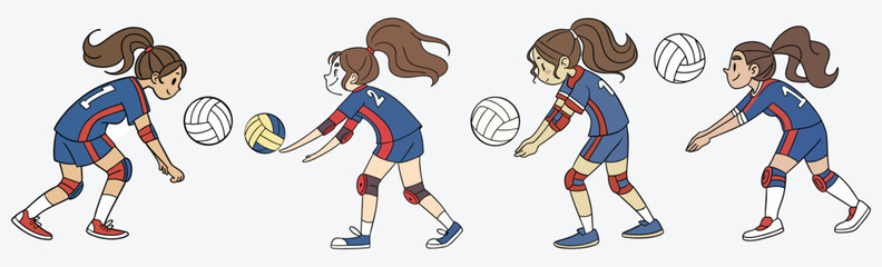 Dynamic girls playing volleyball simple flat design vector.