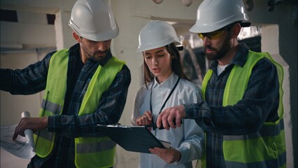 Caucasian builders woman men discussing building in construction contractors colleagues working...
