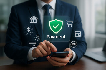 Businessman using smartphone for secure digital payment with glowing shield icon and financial service symbols representing mobile banking and e-commerce