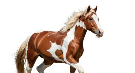 Obraz premium Majestic pinto horse galloping with flowing mane on white background