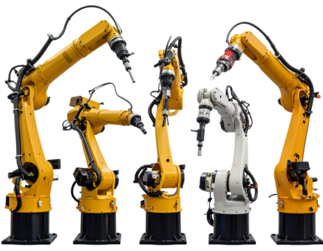Set of Industrial Robotic Arms Performing Different Tasks, Front View, Isolated on Transparent Background”