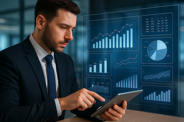 Businessman using tablet to analyze futuristic digital data charts and graphs in modern office environment