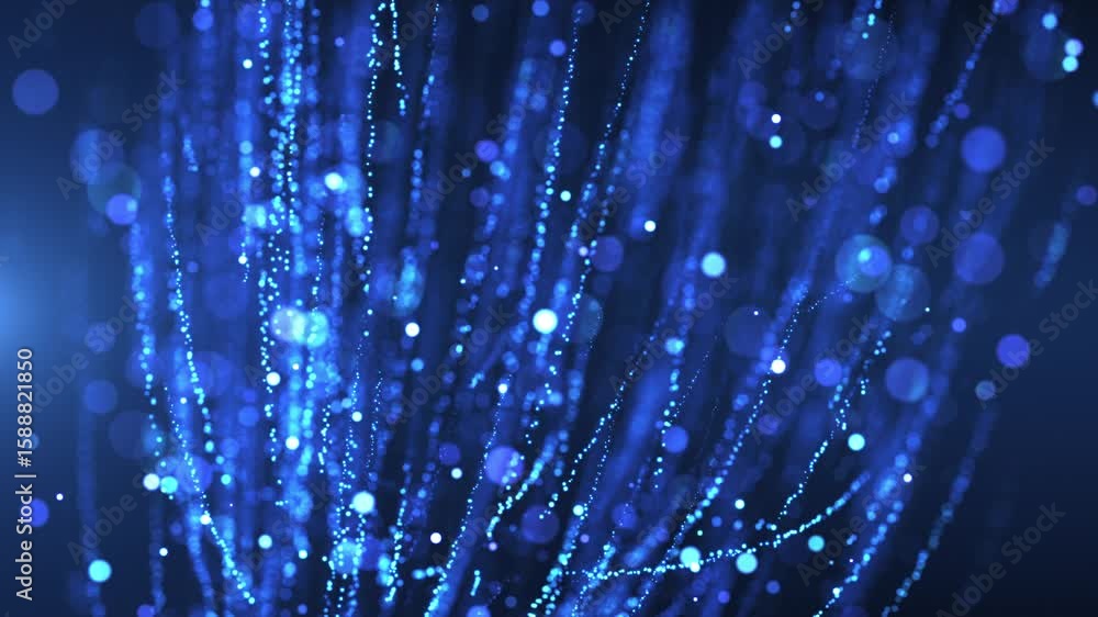 Poster blue glowing particles flow in vertical streams on a dark background, creating a mesmerizing digital