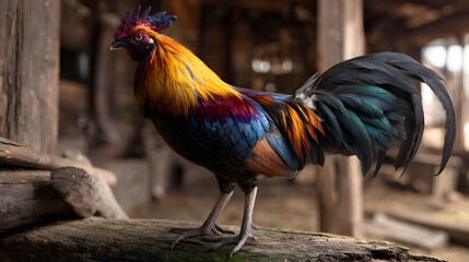 Majestic rooster with vibrant feathers stands proudly in a rustic farm setting