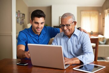 Generational Connection Young Man Helping Senior with Laptop, fostering digital literacy and family bonds, bridging the technology gap between generations.