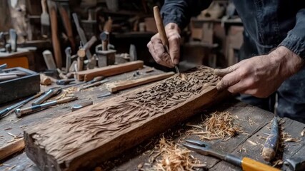 Wood carving woodworking artisan handcraft workshop tool craftsmanship detailed floral pattern skill creativity hobby manual work wood - Powered by Adobe