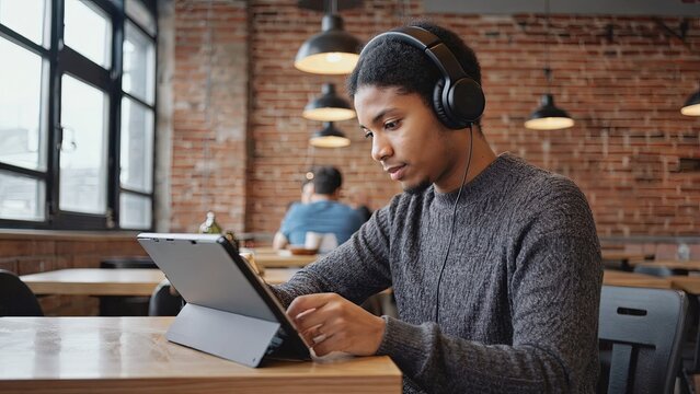 Young man studying indoors at a modern cafe with headphones on while using a tablet