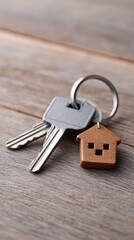 Two shiny metal house keys attached to a small wooden house keychain are lying on a weathered wooden table, representing the exciting moment of buying or renting a new property