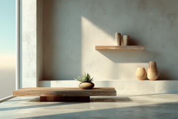 photorealistic ultraminimalist interior design featuring natural materials conveying tranquility and simplicity