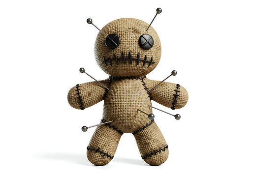 A voodoo doll made of burlap, with button eyes and pins sticking out, isolated on a white background.