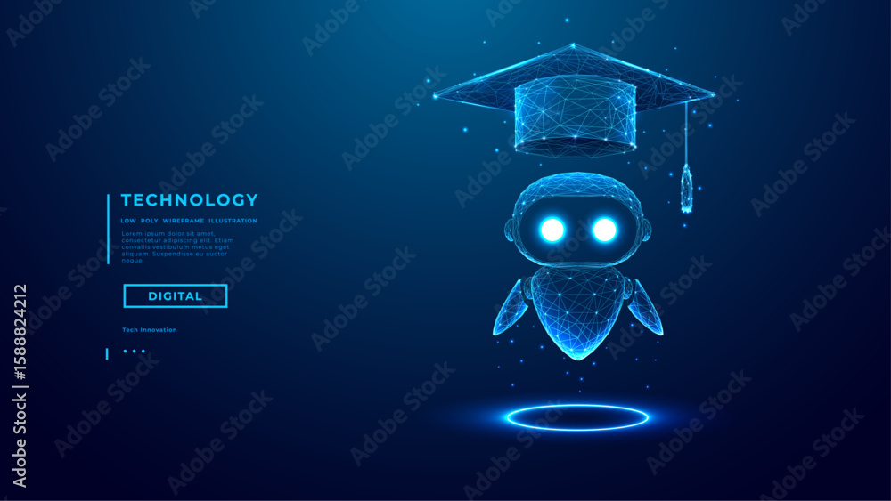 Poster abstract hologram of ai robot in graduation cap. ai agent in low poly wireframe on technology backgr
