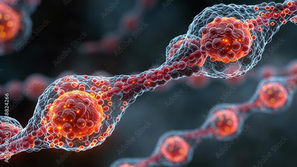 Poster nanotechnology model showcasing interconnected particles with glowing elements, illustrating advance