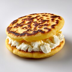 Delicious golden arepa filled with creamy white cheese isolated on white background
