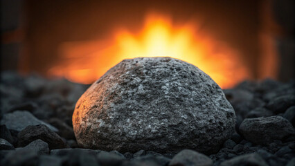 A close up stone on charred rocks with blurry warm flames in the background