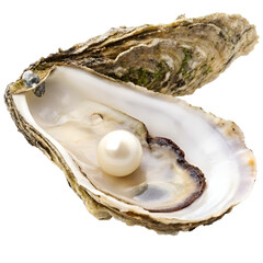 Naklejka premium Open Oyster Shell with Pearl Close-Up Isolated on Clean White Background