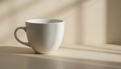 Fototapeta premium Close-up of a single white ceramic cup on a neutral beige background