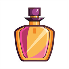 An elegant golden perfume bottle with pink and purple accents and a dark purple stopper, isolated on a white background