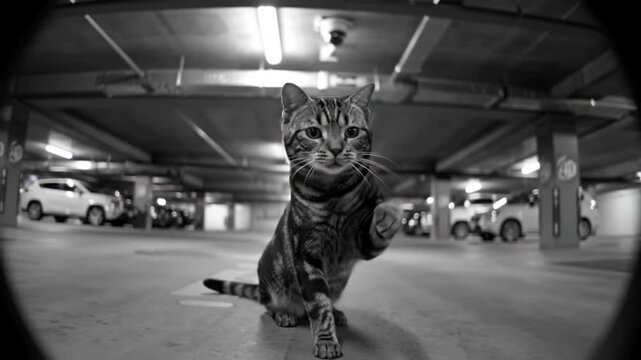 A funny tabby cat standing in front of a security camera in a dark underground parking lot, fisheye lens effect, the cat raises one paw in a cheeky or "thug life" gesture, dramatic lighting, cinematic