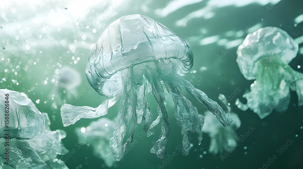Poster ethereal jellyfish floating in turquoise ocean waters with glowing particles and dreamy bokeh effect