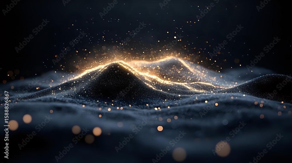 Poster glowing golden waves of light flow over dark abstract landscape with sparkling particles and bokeh e