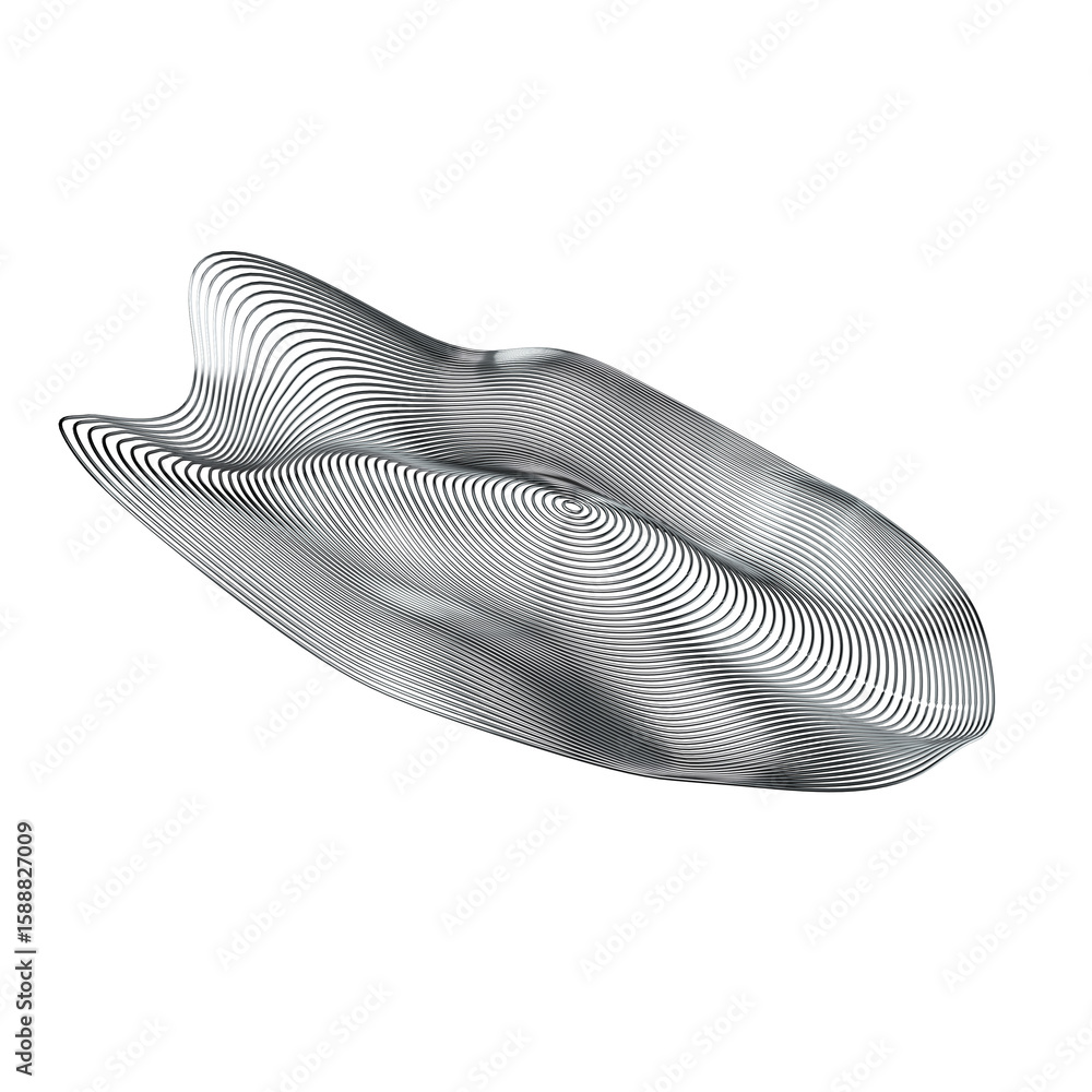 Poster repeating distorted metal linear circular 3d shape. silver chrome wavy displacement 3d element isola