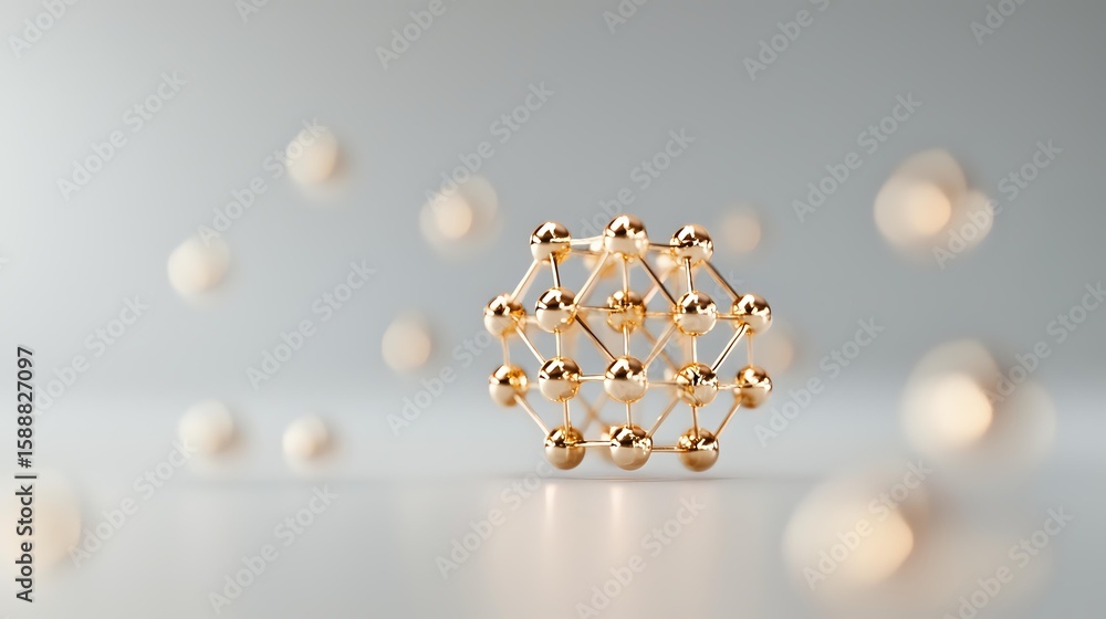 Poster molecular structure model with gold metallic nodes and connecting rods on light gray background with