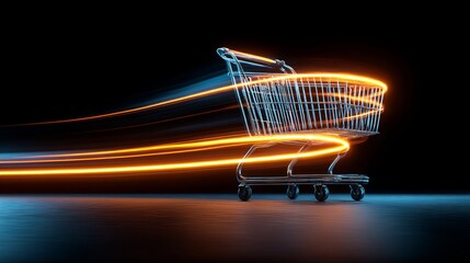 Fast-moving shopping cart with glowing trails emphasizes speed and efficiency on a sleek dark background.