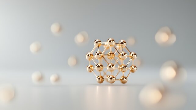 Molecular structure model with gold metallic nodes and connecting rods on light gray background with soft bokeh spheres, scientific concept visualization.