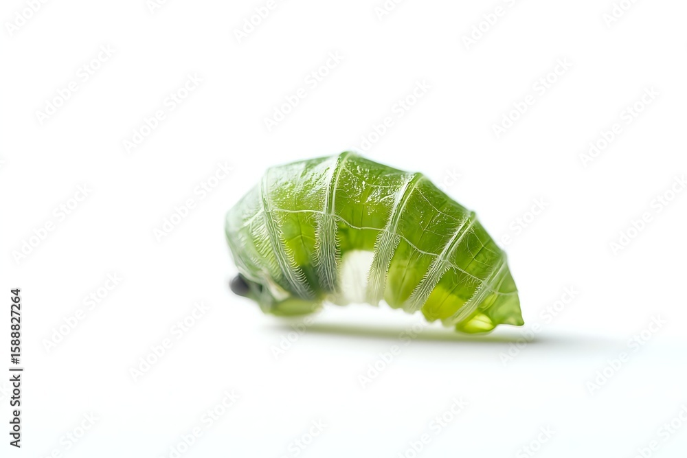 Poster green caterpillar macro photography on white background shows translucent segmented body with detail