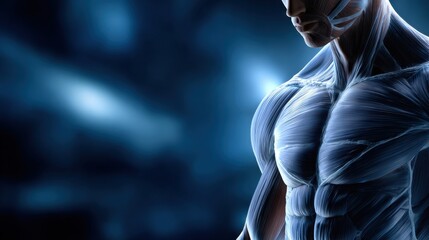 A man's muscular chest is shown in a blue background