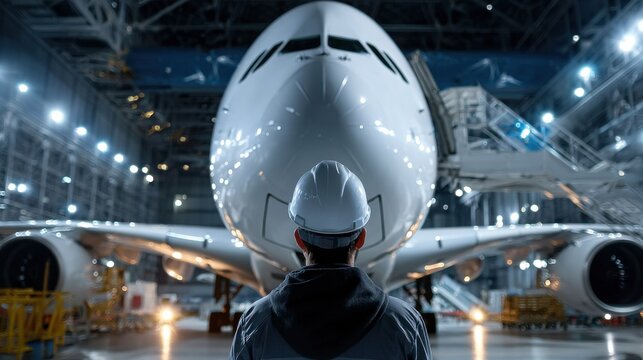 A man in a hard hat stands in front of a large airplane - Powered by Adobe