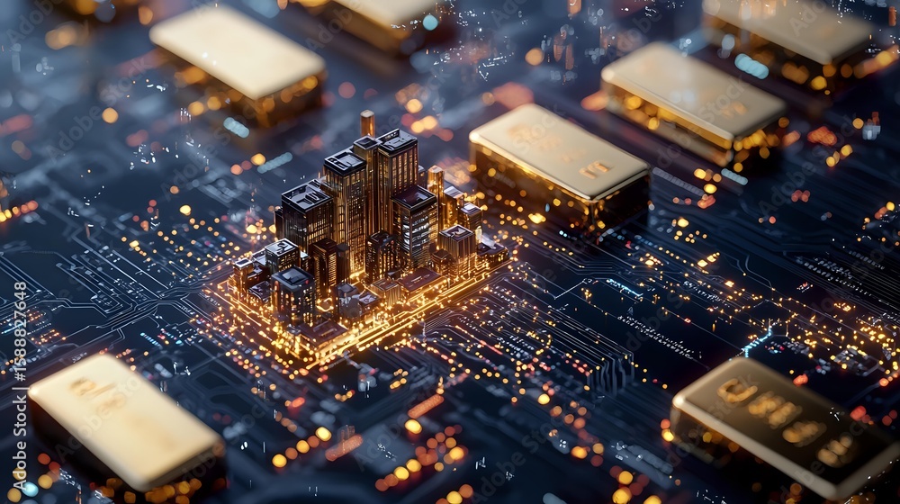 Poster glowing miniature cityscape emerging from electronic circuit board components, creating futuristic u