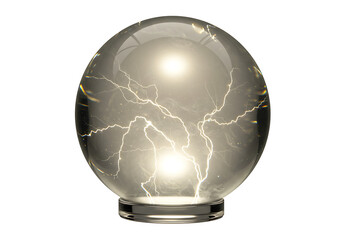 A clear glass sphere sits on a base, illuminated with internal lightning-like streaks of light.