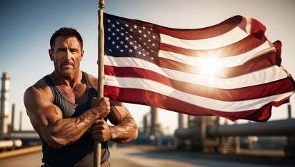 A muscular man holding an american flag in front of an industrial setting on a sunny day