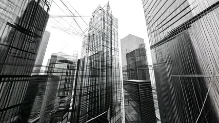 Abstract view of modern skyscrapers with intricate lines and structures, showcasing urban architecture
