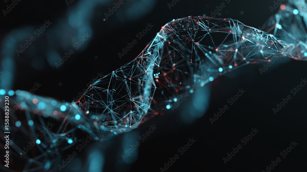 Poster complex dna structure visualization against dark background showing science and technology with mode
