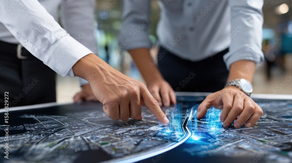 Poster two men are pointing at a map on a table