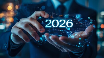 Fototapeta premium Digital hologram showing year 2026 floating between business professional hands with futuristic interface elements and glowing data visualization in dark setting.