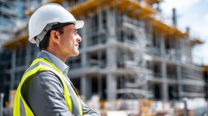 A man in a yellow vest stands in front of a building