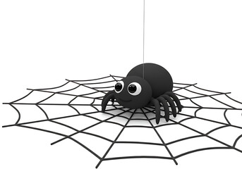 Cartoon spider with big eyes hanging on a web against a white background.