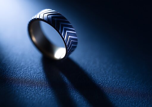 Crisp geometric ring stripes on smooth glowing navy surface.