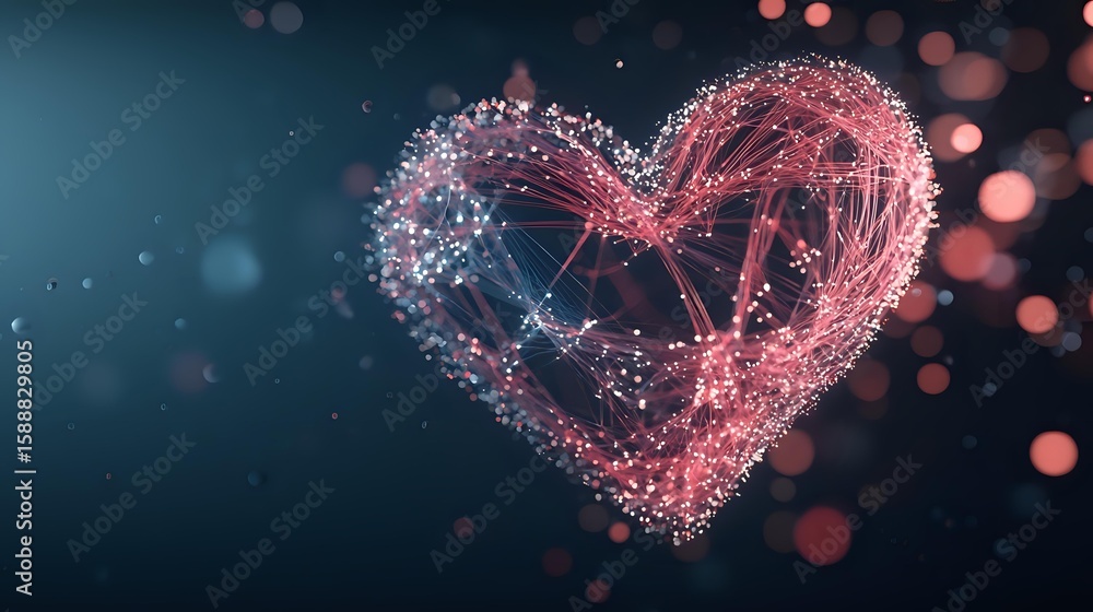 Poster glowing pink heart shape formed by connected dots and lines on dark background with bokeh effect, di
